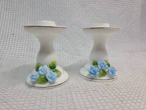 lot 630 image: Porcelain Candle Holders with Blue Roses