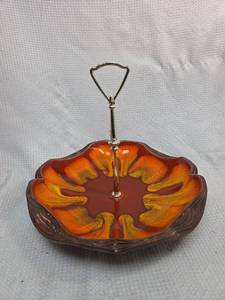 lot 657 image: Mid-Century Modern Orange Enamel Serving Dish with Handle