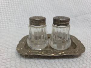 lot 691 image: Glass Salt & Pepper Shakers with Ornate Metal Tray