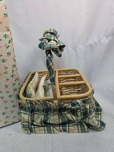 lot 749 image: Green Plaid Fabric Covered Wicker Basket Utensil Holder