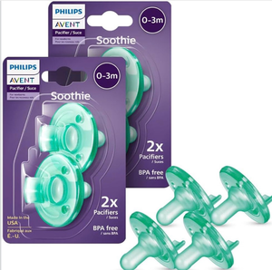 lot 4346 image: Philips Avent Soothie Orthodontic Baby Pacifiers, 100% Silicone Pacifiers, One Piece, BPA-Free, for Babies 0-3 Months, Green, 4 Pack - Retail $0