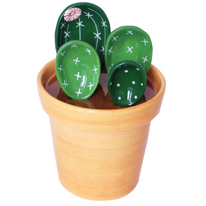 lot 14491 image: Cactus Measuring Spoons Set in Pot Ceramic Cute Small Cacti Measuring Spoons and Cups Green for Baking, Salt, Sugar Housewarming Gifts (Green) MISSING PIECES.