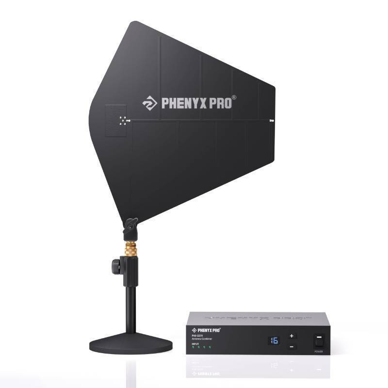 lot 71186 image: Phenyx Pro UHF Wireless Antenna Combiner Bundle for in-Ear Monitor System, 4-Way IEM Transmitter Combiner wActive Directional Paddle Antenna, 16 Gain Control, Receiver Mounting Rod&Plate (PAS-227X) - Retail $350