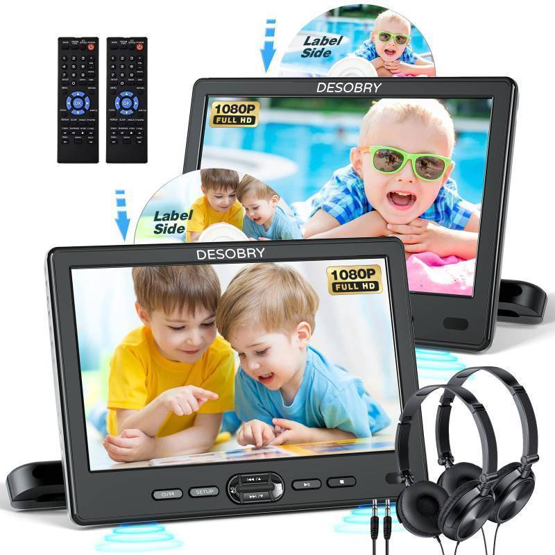 lot 71513 image: Car DVD Player Dual Screen with Headrest Mount, DESOBRY 10.5 Portable DVD Player for Car with Suction-Type Disc in, Play a Same or Two Different Movies, Support 1080P Video, HDMI Input, USBSD Reader - Retail $270