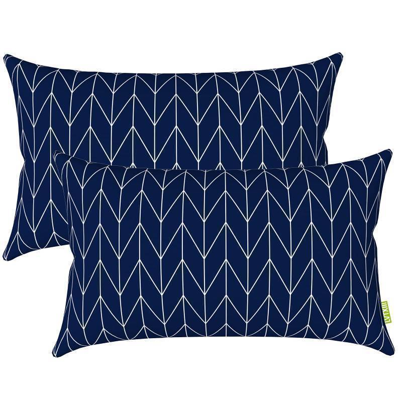 lot 71523 image: Set of 2 Patio Lumbar Pillows, 12x20 Fade Resistant Outdoor Lumbar Pillow with Inners, Fluffy Decorative Garden Lumbar Cushions for Home Patio Coach Sofa Use, Herringbone Navy