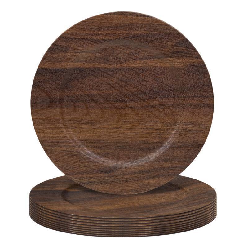 lot 71525 image: 10 Pack Farmhouse Charger Plates, 13 Faux Wood Chargers for Dinner Plates, Brown Plate Chargers Set of 10, Round Plastic Charger for Wedding, Party Event, Dinner, Table Setting - Retail $30