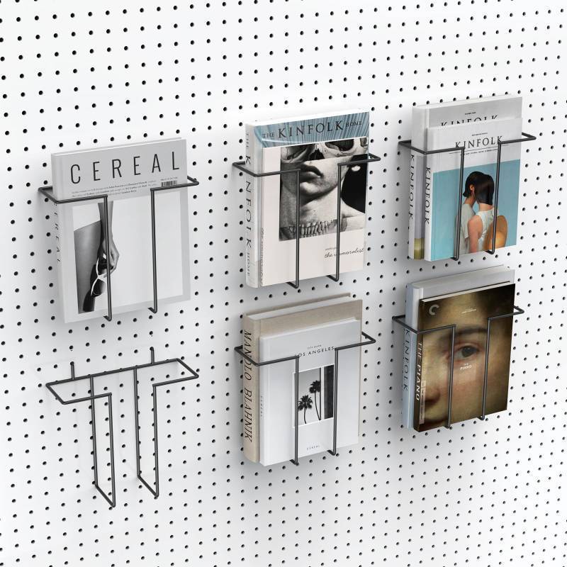 lot 71699 image: 6 Pack Literature Display Shelf for Pegboard, Metal Wire Peg Board Magazine Holder, Pegboard Shelves Accessory for Trade Shows, Exhibitions, Offices, and Retail Stores, Black - Retail $22