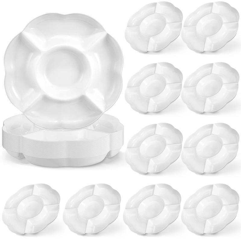 lot 71710 image: 16 Pack 5 Sectional Plastic Serving Trays Round White Chips and Dip Tray Fruit Appetizer Serving Plate 10 Inch Veggie Platter Tray Divided Snack Tray for Party Nut Candy Fruit Dish Platter - Retail $23