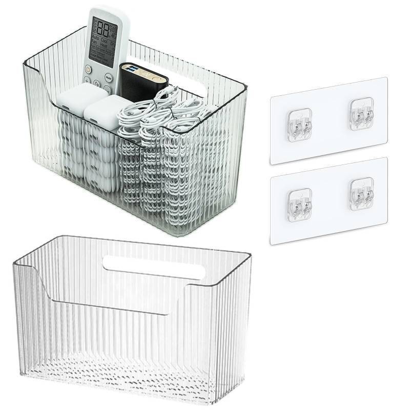 lot 71717 image: Set Of 2 Storage Organizer Bins Wall Mounted Shower Basket, Shower Caddy Stackable Clear Plastic Makeup Organizer Adhesive Hanging Bin for Bathroom, Kitchen, Cabinet, Pantry, BPA Free, Clear - Retail $16
