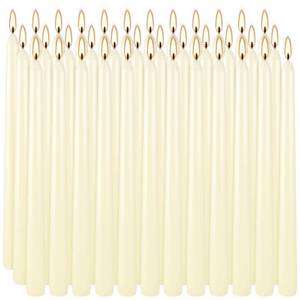 lot 71832 image: 36 Pack Ivory White Taper Candles, 7-8 Hours Burn Time, Unscented, Smokeless and Dripless, 0.8 x 10 Inch Dinner Candle Set for Household, Wedding, Party and Home D�cor Candlesticks - Retail $22