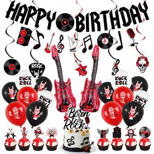 lot 71874 image: Rock and Roll Birthday Party Decorations - Happy Birthday Banner, Hanging Swirls, Cake Toppers and Balloons for Music Rock & Roll Party Supplies - Retail $17