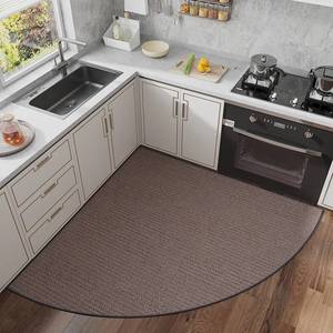 lot 71883 image: Non-Slip Corner Kitchen Rug - Super Absorbent Braided Floor Mat for Sink Areas, Washable Circular Sector Mat with Rubber Backing, Imitation Linen Kitchen Carpet (Taupe, Radius 31) - Retail $30