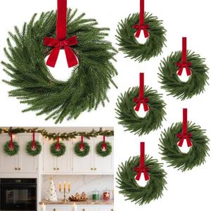 lot 71898 image: 6 Pack 11 Inch Mini Christmas Wreath Small Christmas Kitchen Cabinet Wreaths with Red Velvet Bow Artificial Norfolk Pine Wreath Outdoor Christmas Wreaths for Windows Door Chairs Wall Stairs Home Decor