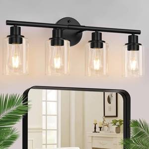 lot 71921 image: 4-Light Bathroom Light Fixtures, Matte Black Modern Vanity Lights Over Mirror with Clear Glass Shade, Bathroom Wall Lamp for Mirror Kitchen Living Room Hallway Cabinet Porch Bedroom Reading. - Retail $113