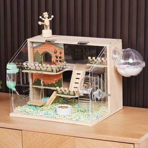 lot 71924 image: 11 in 1 Wooden Hamster Cage with All Accessories, 15.8 Inch 3-Layer Dwarf Hamster Cage Acrylic, Small Animal Cages, Pastoral Style Mouse Cage for Pet Mice, Hedgehog, with Stairs, Fences and Swing - Retail $56