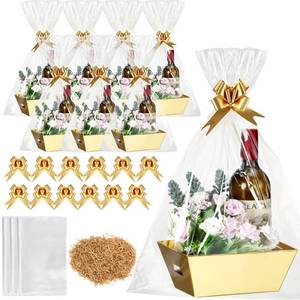 lot 71927 image: 20 Set Empty Gift Baskets Bulk for Gifts Wrapping Kraft Basket to Fill with Cellophane Wrap Bows Bags Raffia for Valentines Wedding Easter Birthday Party(Gold Basket, Gold Bow) - Retail $40