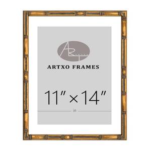 lot 71929 image: 11x14 Picture Frame Wooden, Display Pictures 8x10 with Mat or 11x14 Without Mat, Gold Bamboo Poster Frames, Hanging Photo Frame Wall - Retail $37