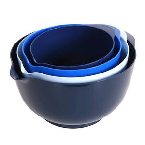 lot 71941 image: Nesting Plastic Mixing Bowl Set With Pour Spout, Microwave and Dishwasher Safe, BPA free Non-Slip Base, Set of 4 Size 1.7, 2.5, 3.5 and 4.5qt, Great for Prepping, Baking, Cooking (Dark Blue) - Retail $25
