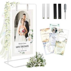 lot 71949 image: Elegant White Wedding Easel Stand, Adjustable 30x20x68 in Welcome To Our Wedding Sign Display Stand with 39 Premium Templates&Leather Straps, Sturdy Display for Wedding, Birthday, Anniversary - Retail $40