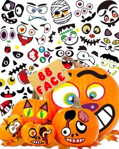 lot 71955 image: Halloween Pumpkin Stickers for Kids, 88 Funny Face Pumpkin Decorating Kit, Multicolor Vinyl Stickers, Waterproof, Indoor Use, Perfect for Halloween Party Decorations