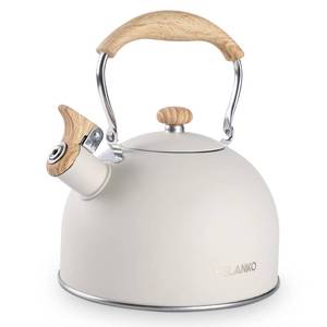 lot 71956 image: Tea Kettle, BELANKO 85 OZ  2.5 Liter Whistling Tea Kettle Pots for Stove Top Food Grade Stainless Steel with Wood Pattern Folding Handle, Loud Whistle for Tea, Coffee, Milk - Milk White