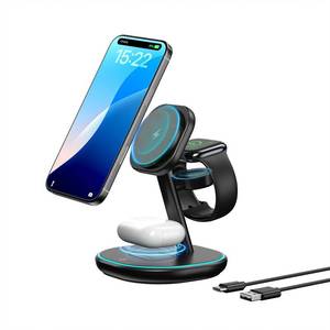 lot 71959 image: 3-in-1 Charging Station, 2X Faster 15W Wireless Charging Station for iPhone 1615141312, for Apple Watch, AirPods, Magnetic Wireless Charger with Sleep Friendly Light (Black)