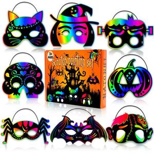lot 71966 image: 32Pcs Halloween Crafts for Kids Rainbow Scratch Mask, Halloween Games Scratch Art and Craft Kit Classroom Activities Favors Party Supplies
