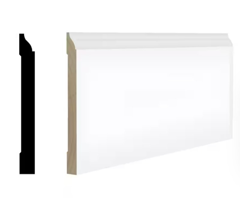 lot 141 image: A 5-14 in. H x 58 in. W x 96 in. L Baseboard White Prepainted Waterproof Colonial PVC Moulding Piece