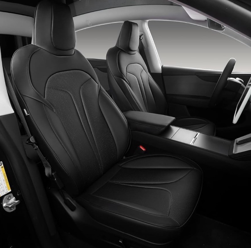 lot 35 image: Custom Fit Seat Covers for 2020-2025 Tesla Model Y, Waterproof Breathable Nappa Leather, OEM Factory Style Full Set Car Seat Protectors Airbag Compatible - Black Seat Pattern slightly Different see all photos