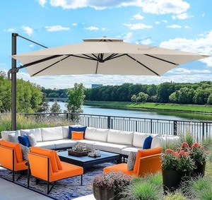 lot 28 image: Hotime 10ft Patio Umbrella Heavy Duty Aluminum & Steel Windproof & Shade Provision Outdoor Cantilever Double Window Offset Large Umbrella Height Adjustable - no Base Cover - Beige