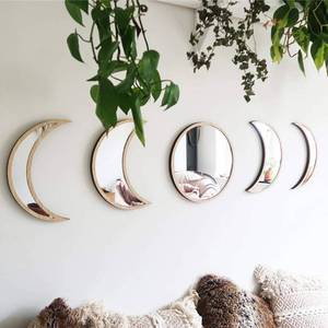 lot 4290 image: Scandinavian Decor 5-Piece Acrylic Wall Decor - Wooden Moon Phase Mirror, Bohemian Design for Living Room, Bedroom - Beige