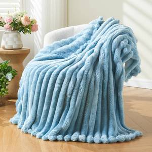 lot 4381 image: NEWCOSPLAY Super Soft Throw Blanket Blue Premium Silky Flannel Fleece 3D Ribbed Jacquard Lightweight Bed Blanket All Season Use (Blue Ribbed, Throw(50x60))