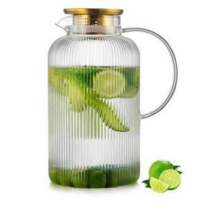 lot 4407 image: Buaic Glass Pitcher with Lid, 100 oz 3 Liter Classic Vertical Stripes Water Pitcher,Glass Water Carafe for Cold Brew, Coffee, Lemonade, Iced Sun Tea,Beverage, Milk, Heat Resistant