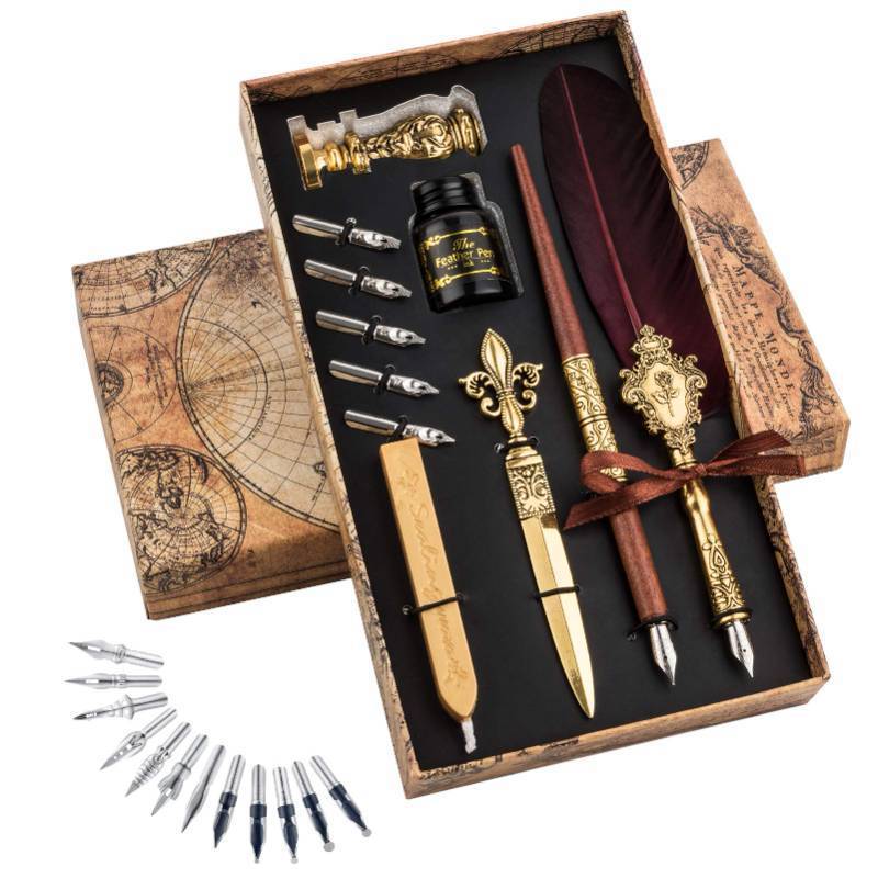 lot 3006 image: Hethrone Feather Pen and Ink Set - Quill Pens Calligraphy Pen Set Fountain Dip Pen