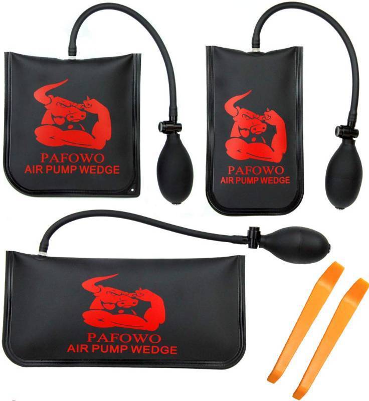 lot 3033 image: Improved 3 Piece Commercial Grade Air Wedge Bag Pump Professional Leveling Kit & Alignment Tool Inflatable Shim Bag. 3 Sizes(Small, Medium, Large) for a Variety of Jobs. 300 LB Rating