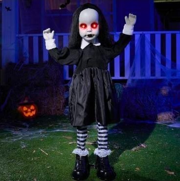 lot 3068 image: JOYIN Scary Halloween Decorations Outdoor, 34 Black Zombie Girl Ghost Animatronics Decor with Sound Activated Sensor Glowing LED Eyes for Garden Lawn Yard Haunted House Terror Home Party Supplies