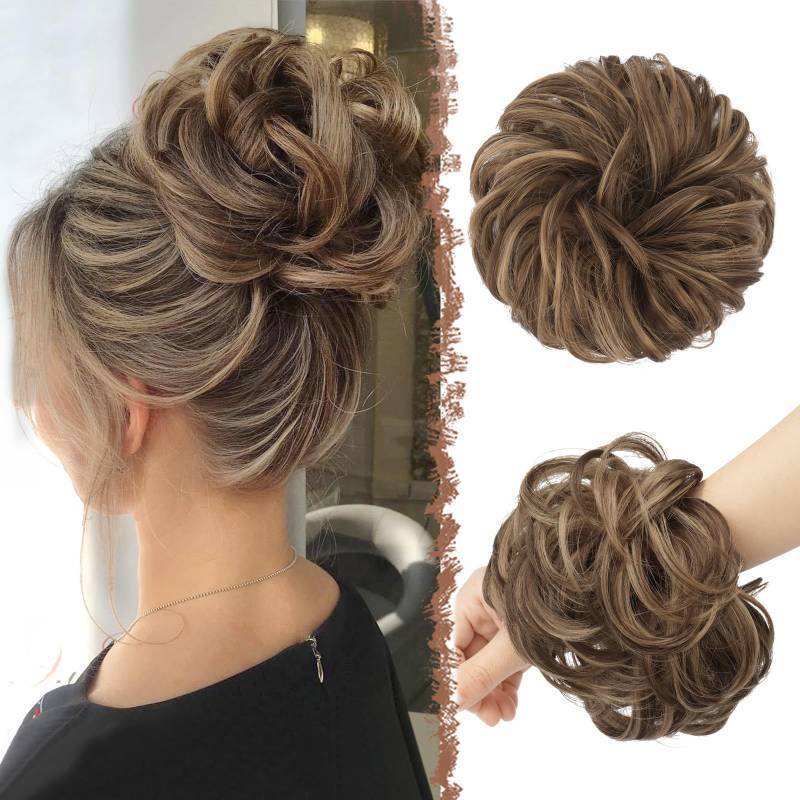 lot 3228 image: FESHFEN Messy Bun Hair Pieces - Large Wavy Curly Elastic Hair Bun Scrunchies Ponytail Extensions Synthetic Chignon Hairpieces for Women, Brown Mixed Honey Blonde 1.94oz