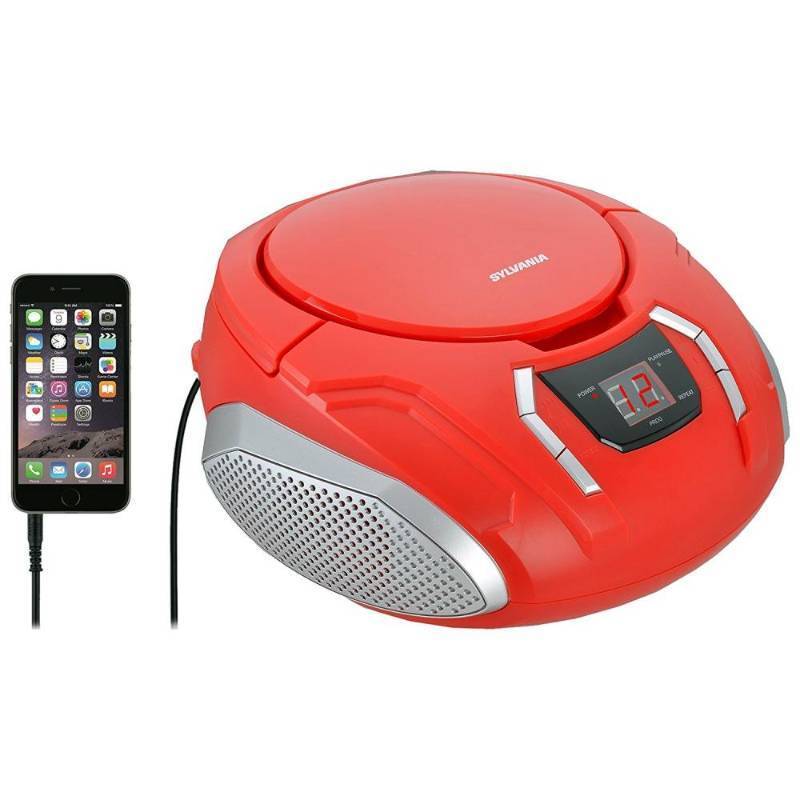 lot 3231 image: Sylvania Portable CD Boombox with AMFM Radio (Red)