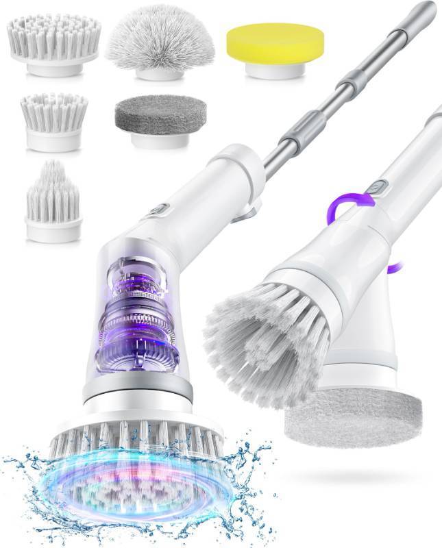 lot 3245 image: NBONEBS Electric Spin Scrubber, Cordless Shower Scrubber Rotary Floor Brushes & Pad Drivers with 6 Brush Heads - 2H Dual Speed, IPX7 Waterproof Extension Handle for Bathroom Tile Car Cleaning