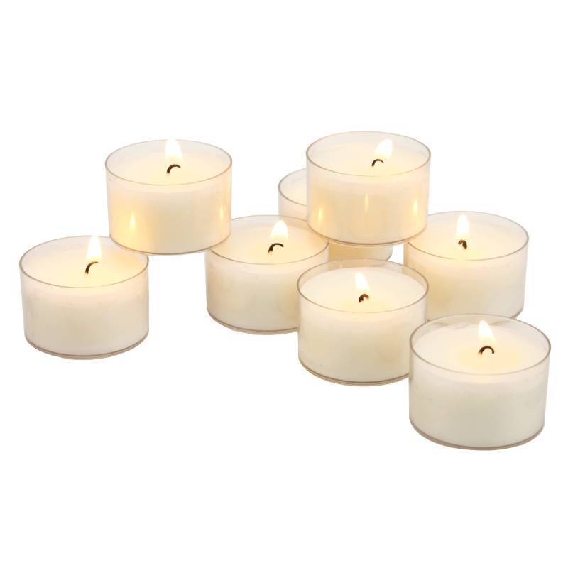 lot 3342 image: Stonebriar 96 Count White Unscented Smokeless Long Burning Clear Cup Tea Light Candles with 6 to 7 Hour Burn Time - Incomplete