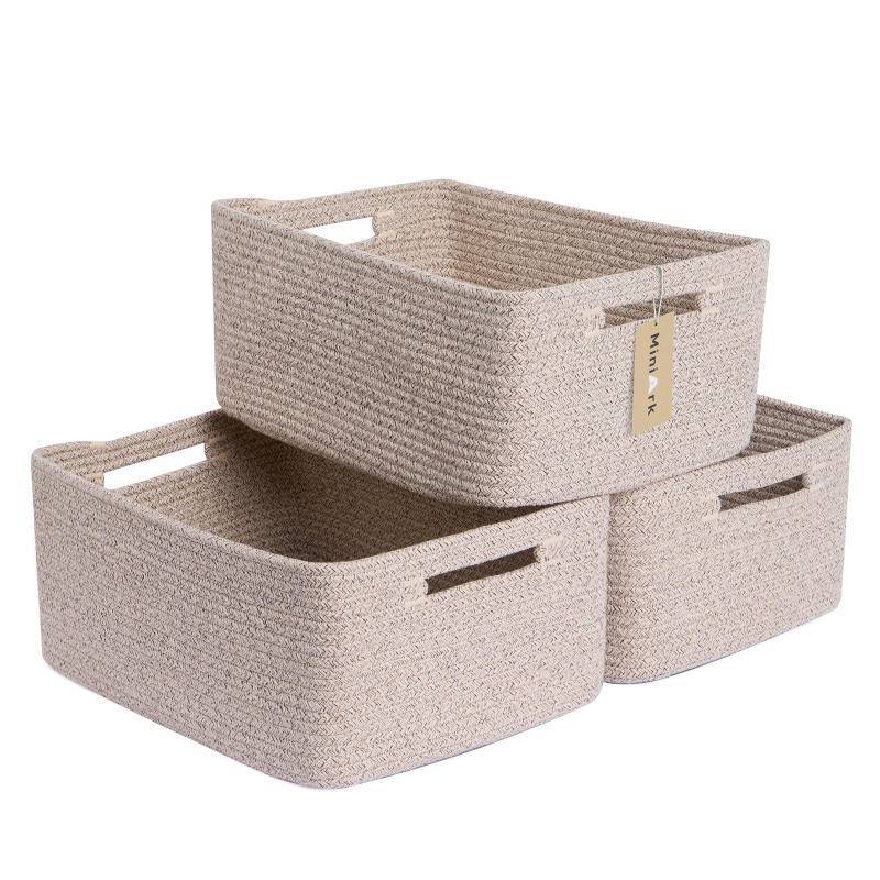 lot 3346 image: MiniArk Large Storage Baskets for Shelves, Closet Organizers Bins for Clothes Blanket Towels, Baby Nursery, Toy Baskets Box, Woven Rope Baskets, 17 x 13 x 7.5, 3 Packs Mixed Brown