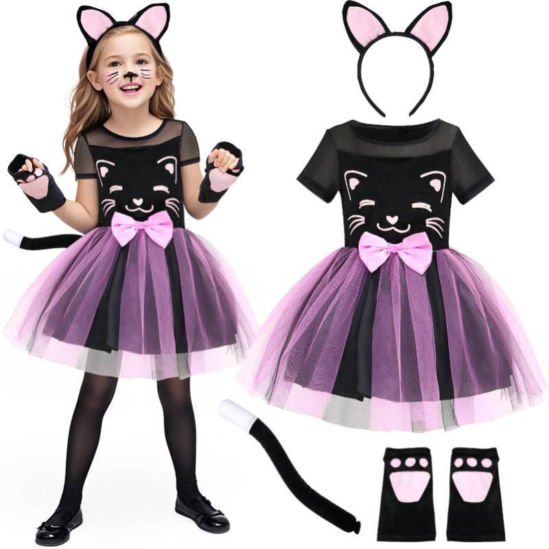 lot 3150 image: SVMK Girls Cat Costume Kids Toddler Kitty Dress Costumes Accessories Cat Ears Headband Gloves Tail Halloween Dress Up Cosplay (110)