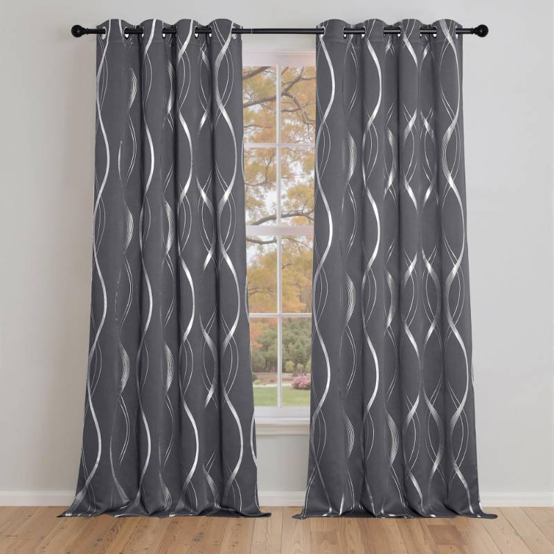 lot 3666 image: NICETOWN Extra Long Blackout Curtains for Large Window, Foil Printed Wave Lines Energy Saving Thermal Insulated Blackout Draperies for Kids Nursery Boys Bedroom (1 Pair, 52 inches by 108 inches, Grey)