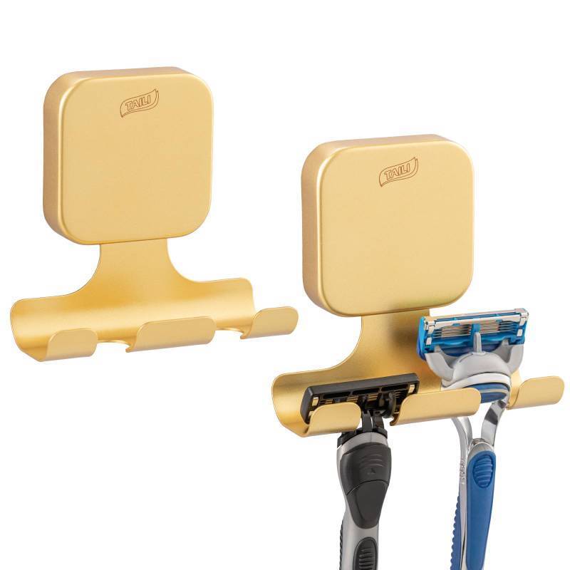 lot 3522 image: TAILI Powerful Suction Cup Razor Holder 2 Pack, Stylish 304 Stainless Steel Bathroom Suction Hooks for Towel, Loofah, Bathrobe, Shaver Holder for Shower Wall, Easy to Install and Reuse, Gold