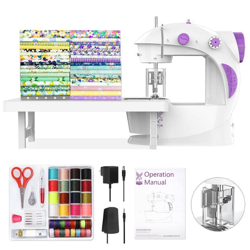 lot 3812 image: KPCB Tech Sewing Machine for Beginners Full Set with Finger Guard and Fabric Bundles - Mini Sewing Machine with Sewing Kits, Foot Pedal, US Adapter and Extension Table