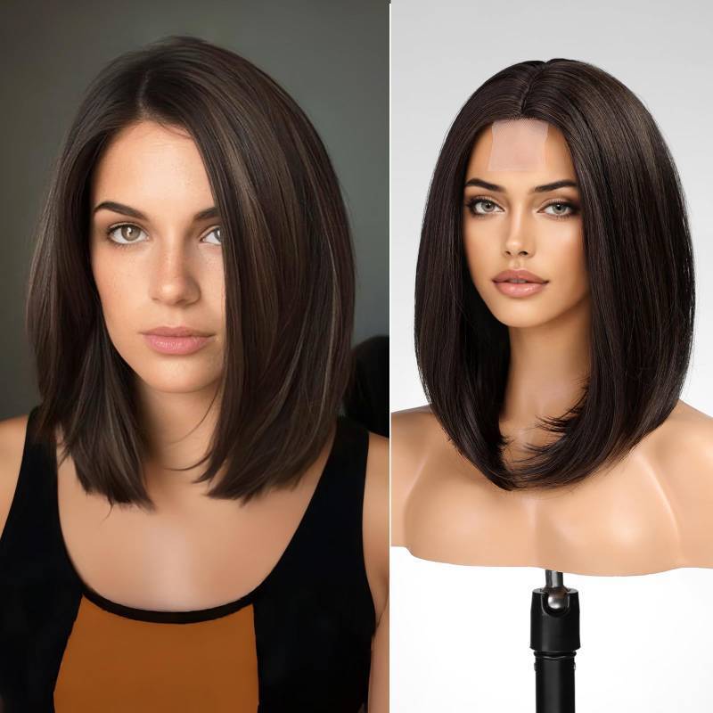 lot 3824 image: KOME Brown Short Bob Wigs,Brown mixed Straight Shoulder Length Wigs for Women,Middle Part Heat Resistant Fibre Synthetic Wig Daily Use