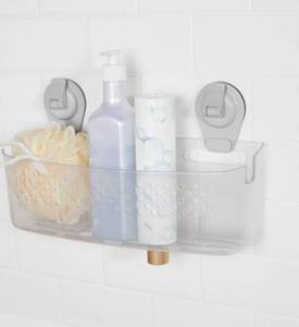 lot 8800 image: Mainstays Clear Wall-Mounted Extra-Large Suction Bath Basket, Easy to Install, No Tools