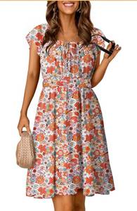 lot 8819 image: Dokotoo Womens Summer Dresses 2025 Boho Floral Ruffle Sleeve Smocked Elastic Waist Drawstring Tie Casual Mini Dress Sundress SIZE XL