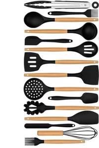 lot 8824 image: Silicone Cooking Utensils Set - 446°F Heat Resistant Silicone Kitchen Utensils for Cooking, Kitchen Utensil Spatula Set w Wooden Handles and Holder, BPA FREE Gadgets for Non-Stick Cookware (Black