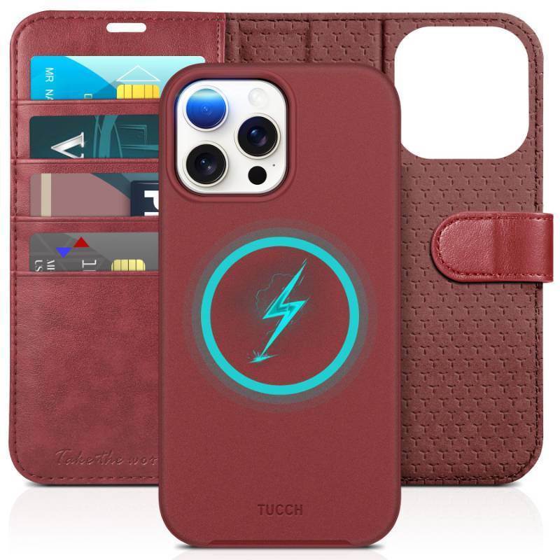 lot 24693 image: Wallet Case for iPhone 15 Pro Max, Removable Stand RFID Blocking 4 Card Slots Wireless Charging Protective Case, 2-in-1 Detachable PU Leather Folio Compatible with iPhone 15 Pro Max, Dark Red